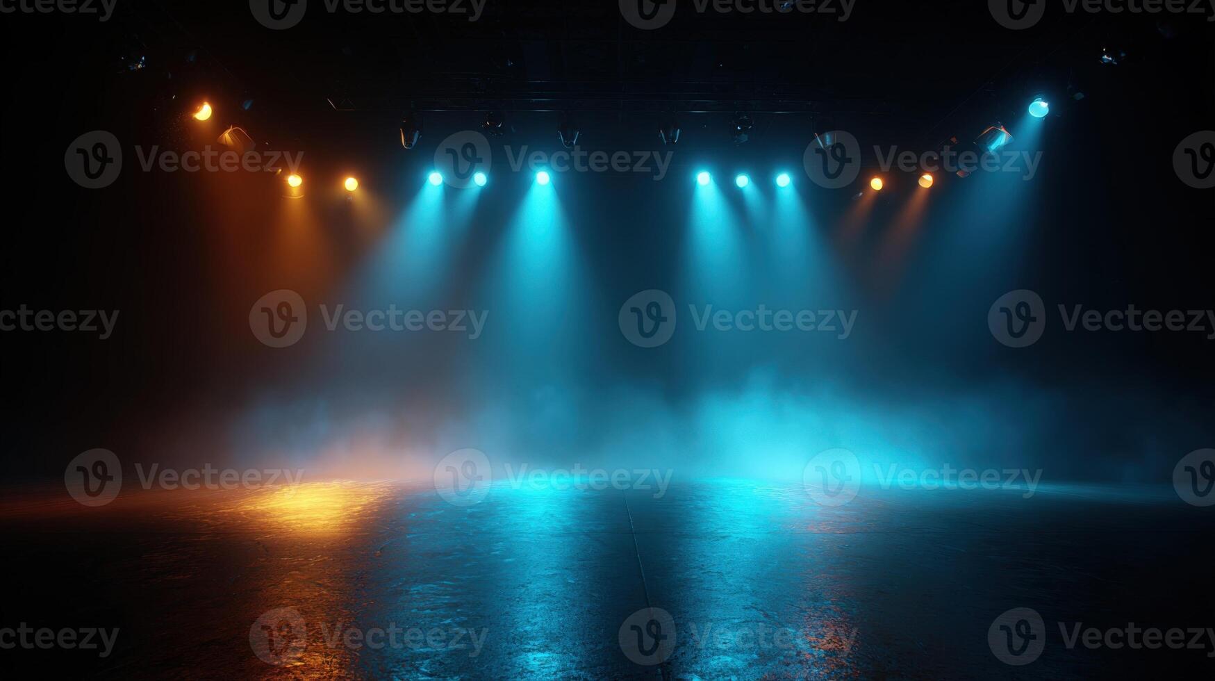 Stage Lighting with Blue and Orange Spotlights Creating Atmospheric Fog, Ideal for Performance or Event Backdrops photo