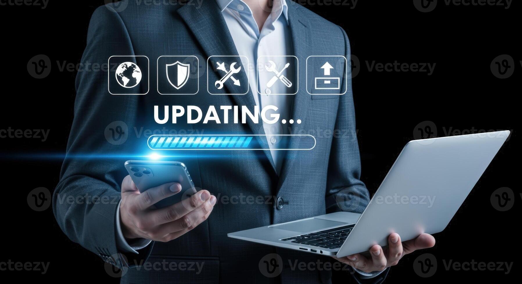 Businessman Updating Devices Smartphone and Laptop Undergoing Software Upgrade with Progress Bar Animation, Data Security, and Global Network photo