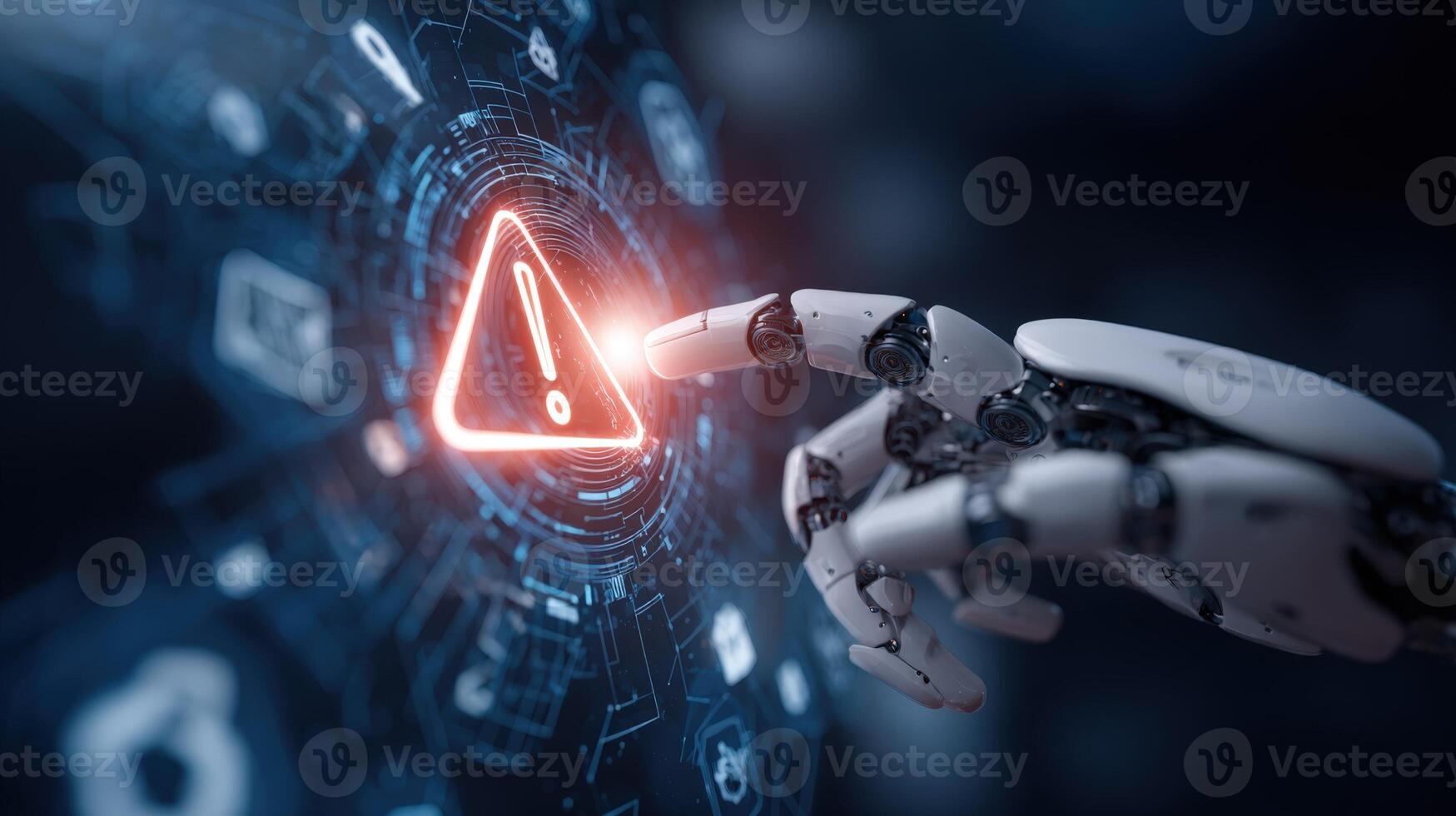 Robot Hand Touching Warning Sign on Futuristic Interface Displaying Cyber Security Alert and System Error photo