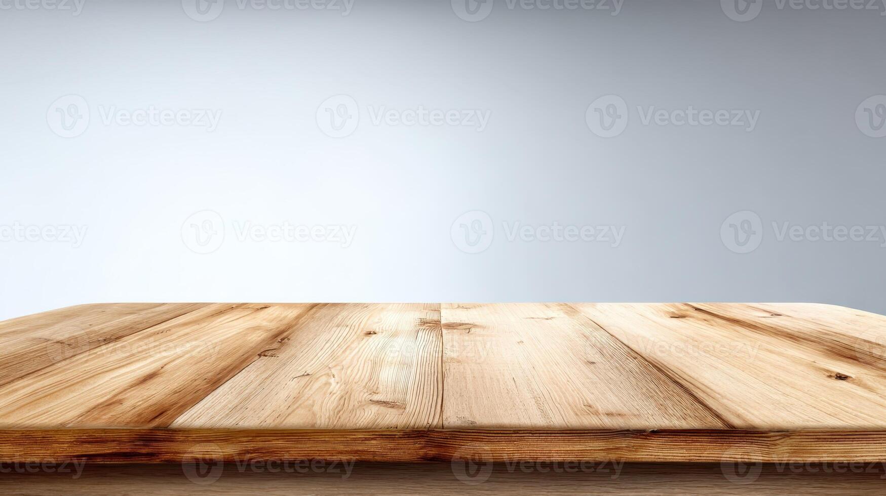 Wooden Tabletop Surface with Light Grey Backdrop, Ideal for Product Mockups and Display Backgrounds photo