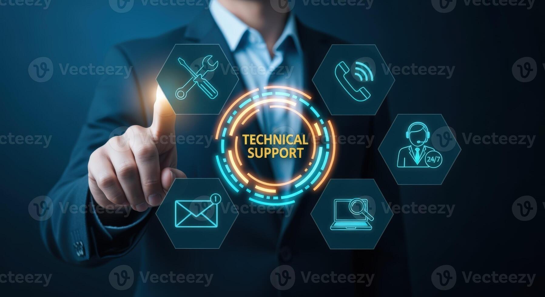 Technical Support Solutions Businessman Interacting with Digital Interface Displaying Customer Service Icons and Assistance Options photo