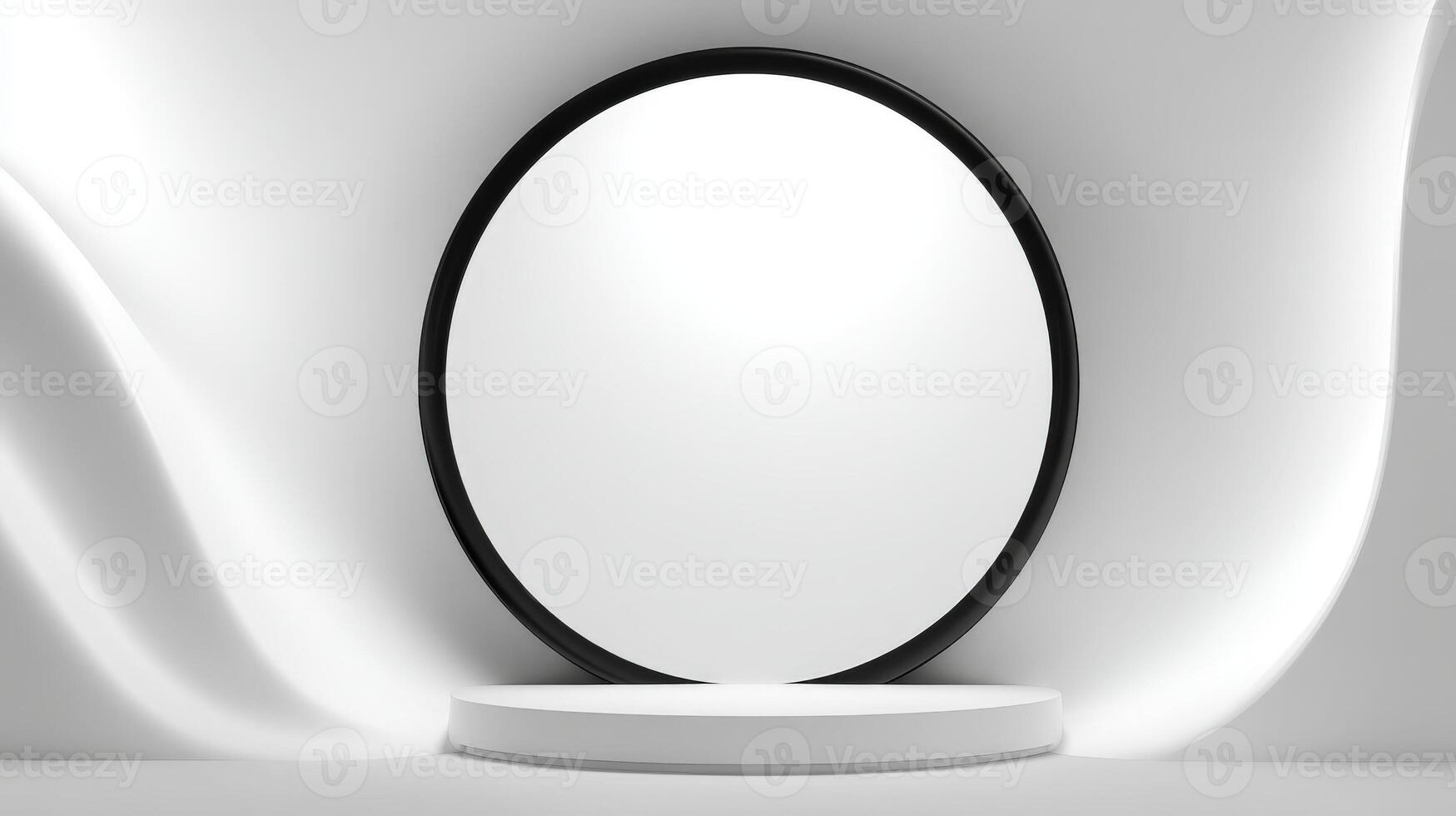 Minimalist Product Display Podium with Round Frame and Elegant White Fabric Drape for Modern Showcase photo