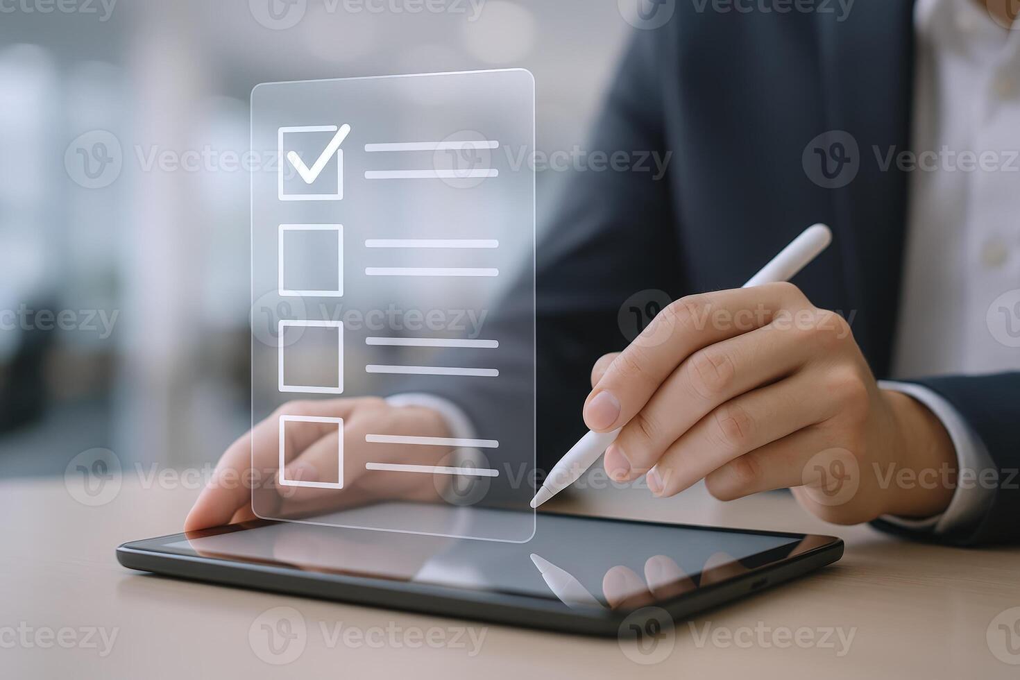 Business Professional Completing Digital Checklist on Tablet, Illustrating Productivity, Efficiency, and Modern Workflow photo