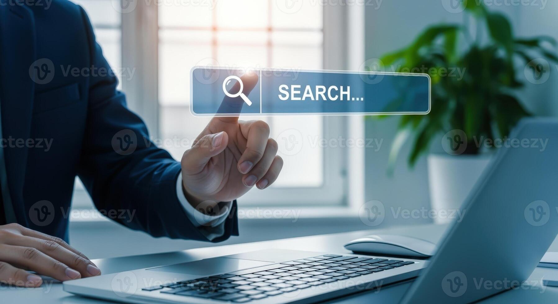 Online Search Concept Businessman Using Search Bar on Digital Interface for Information Access photo