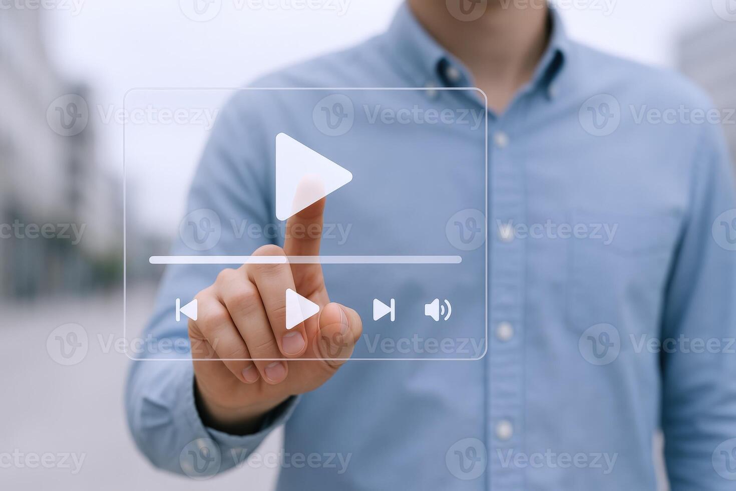 Man Interacting with Transparent Digital Display Interface, Pressing Play Button, Technology and Modern Lifestyle photo