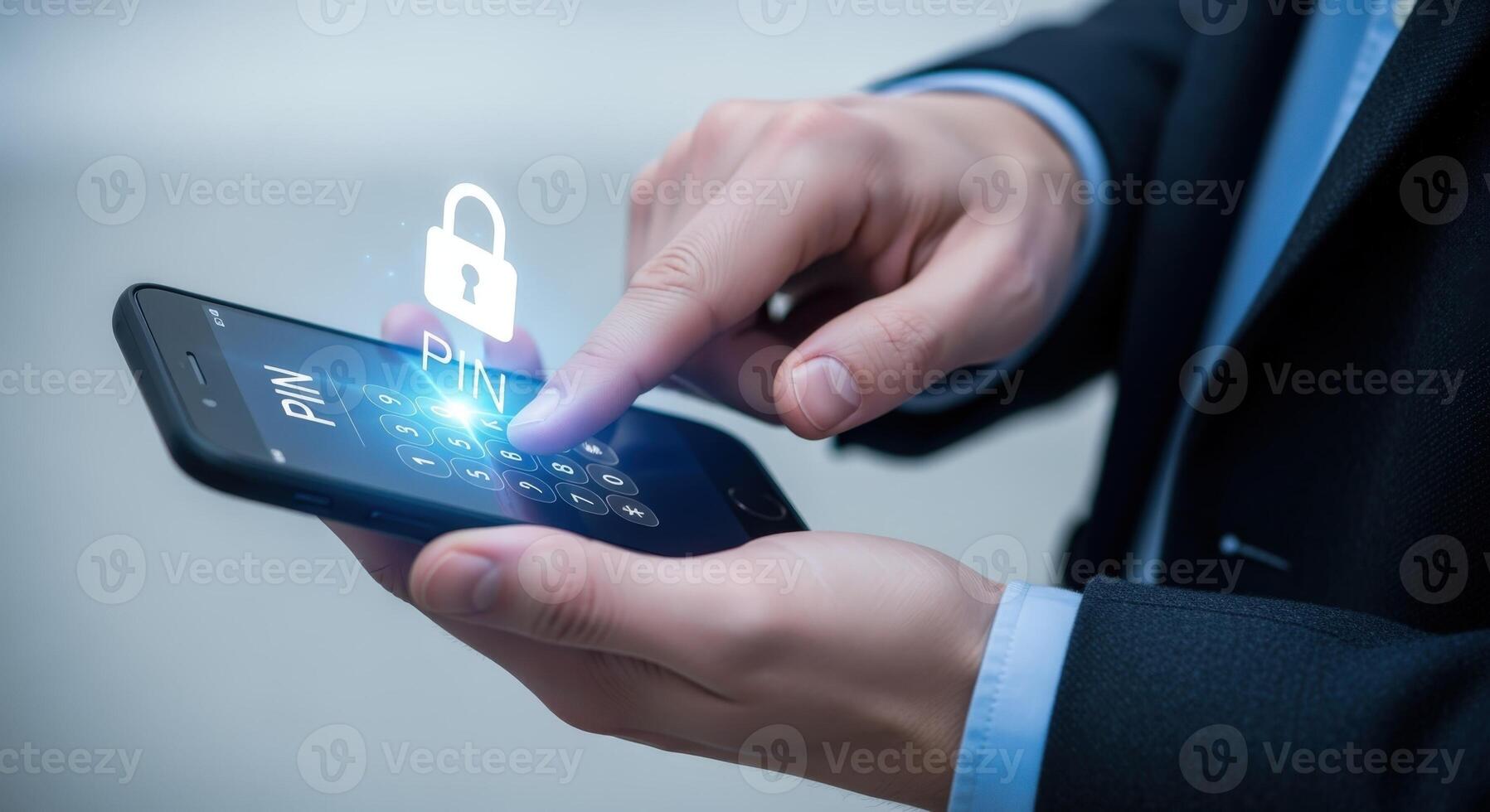 Entering PIN code for mobile security Businessmans hand, cybersecurity on smartphone display, data protection photo