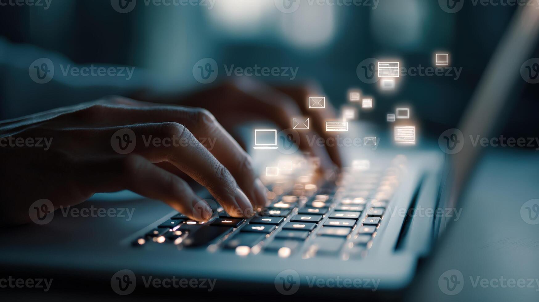 Typing on Laptop Keyboard with Holographic Computer Icons Emitting, Representing Connectivity and Technology photo