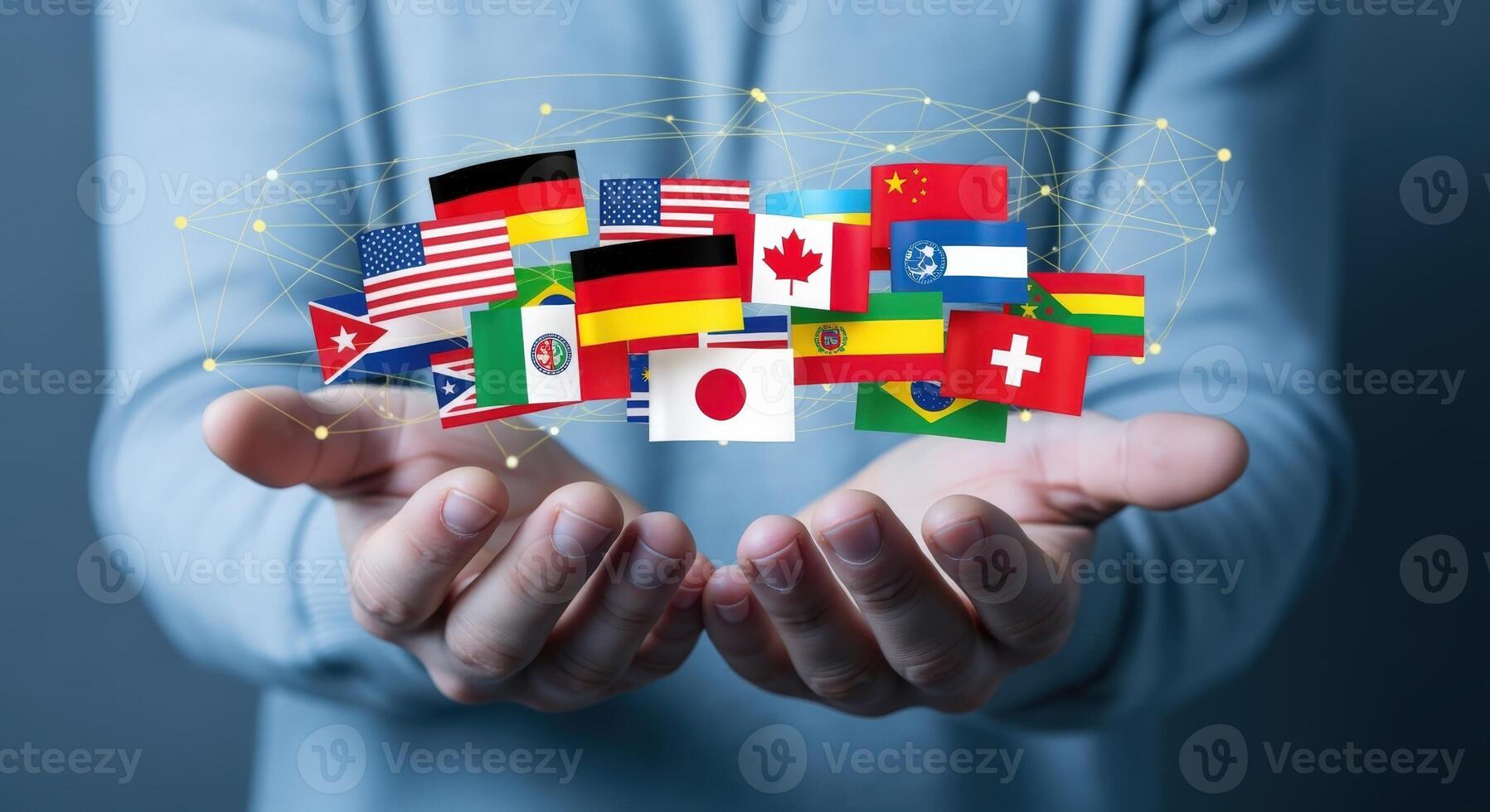 Global Connection Concept Hands Holding International Flags Representing Unity, Communication, and Worldwide Business Collaboration in the Digital Age photo