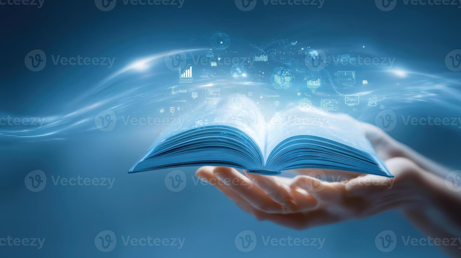 Open Book with Glowing Data and Symbols Floating Above, Held in Hands, Concept of Knowledge and Learning photo