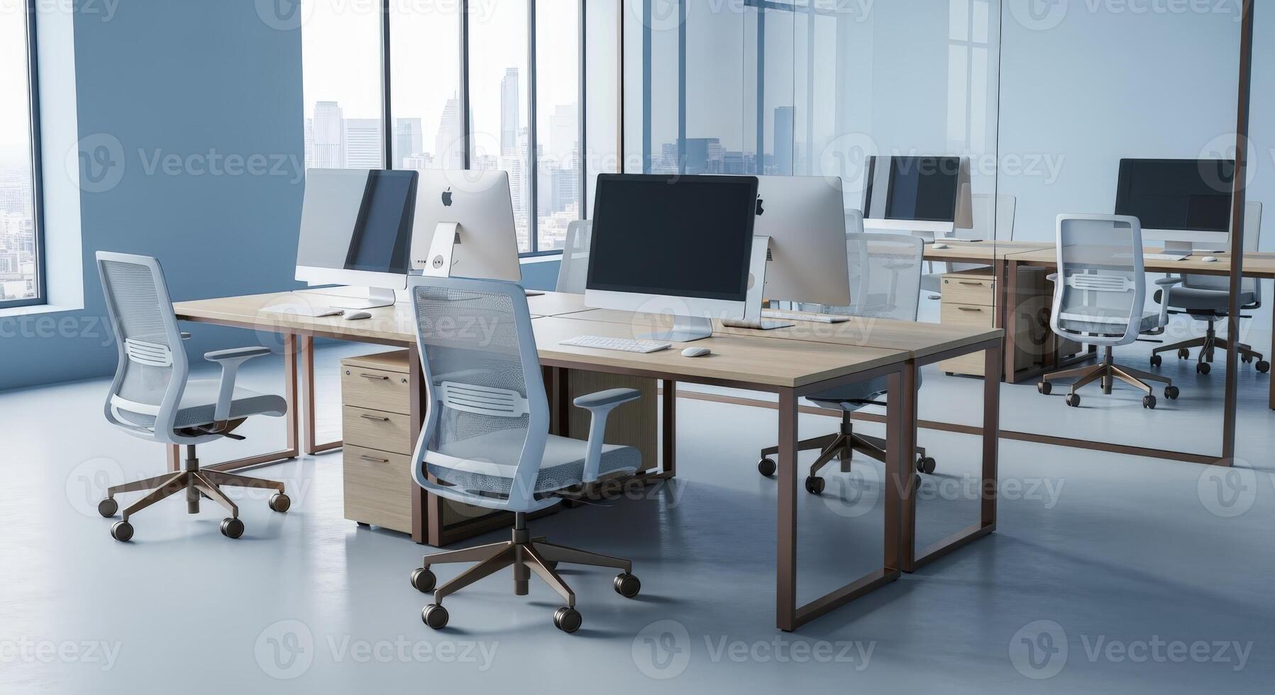 Modern Open Office Space with Desks, Chairs, and Computers Near Large Windows Overlooking City photo