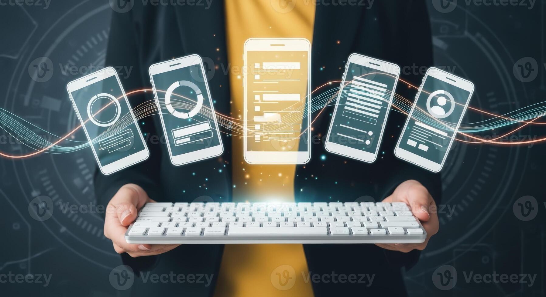 Person Holding Keyboard with Mobile Devices Displaying Data, Representing Technology, Innovation, and Digital Communication photo