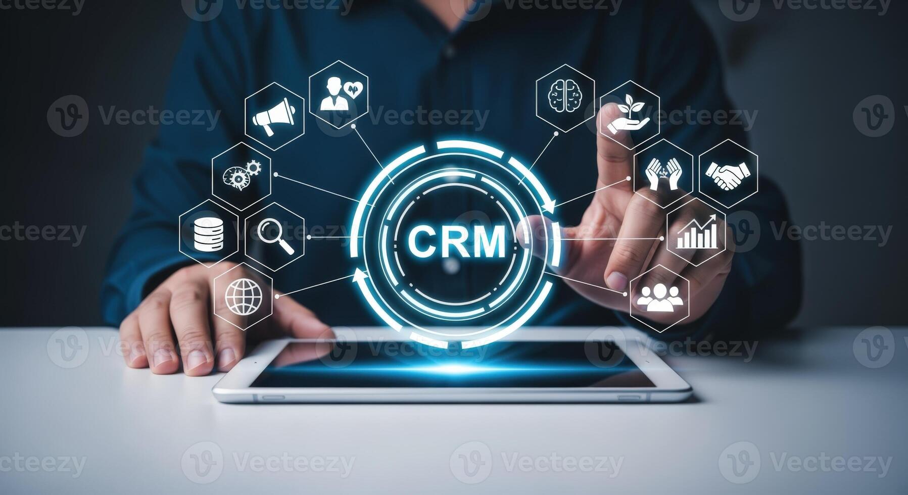 CRM System Visualization on Tablet Man Interacting with Customer Relationship Management Technology photo