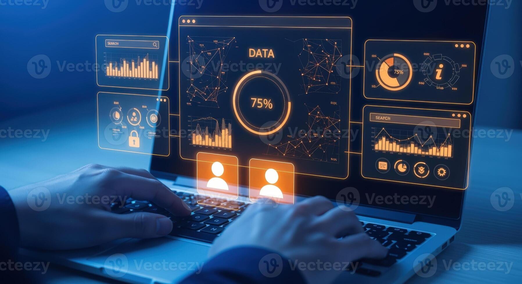 Data Analysis on Laptop Screen Displaying Financial Statistics and Business Analytics Information with User Typing photo