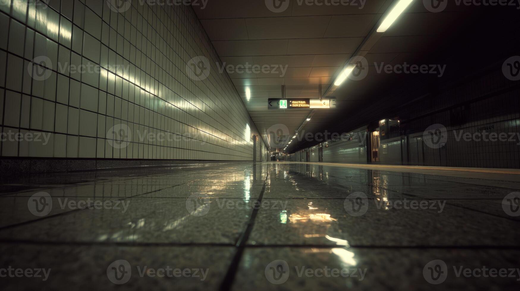 Eerily Lit Subway Platform Perspective with Reflected Lights on Tiled Floor During Evening Hours photo