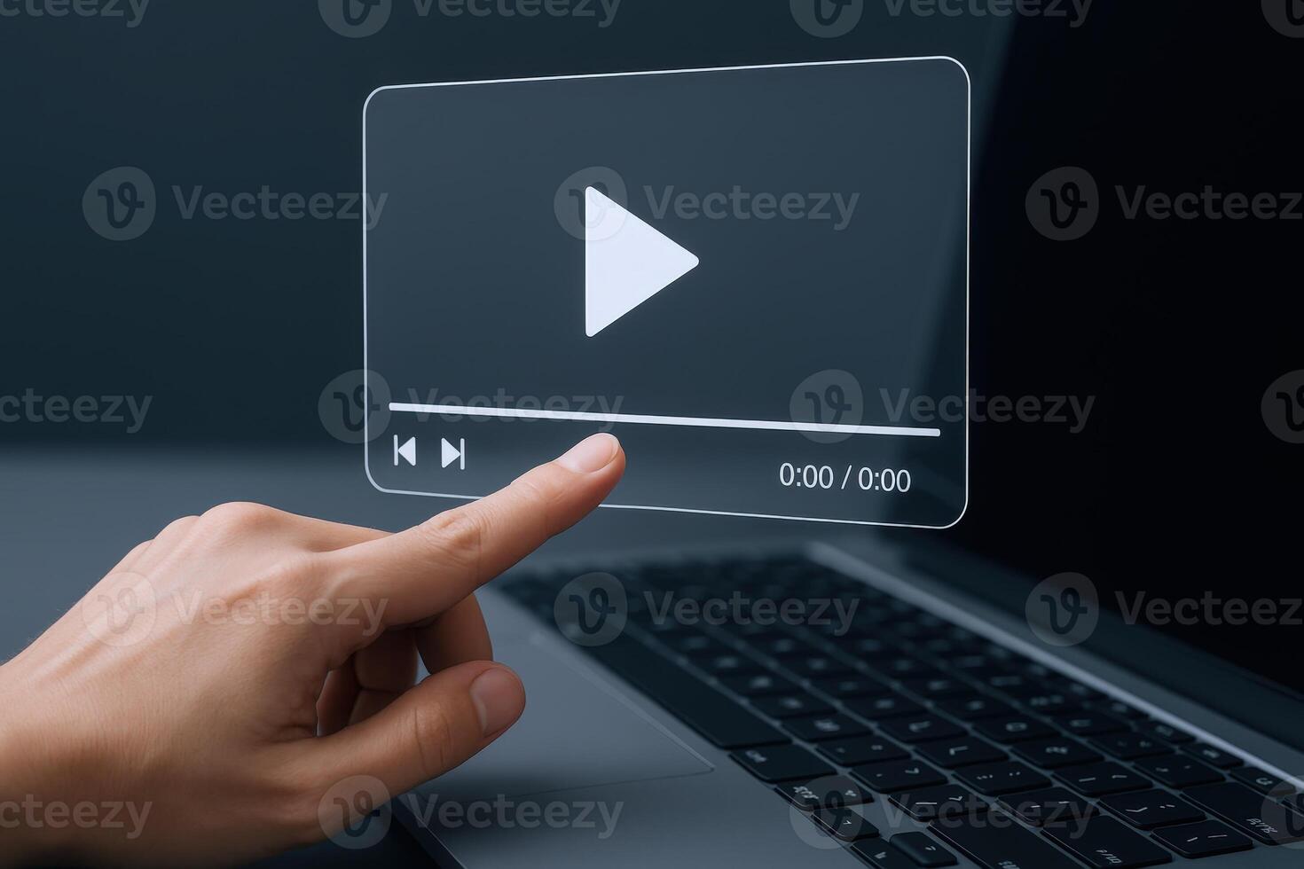 Hand Interacting with Floating Player Interface on Laptop for Modern Digital Media Consumption photo