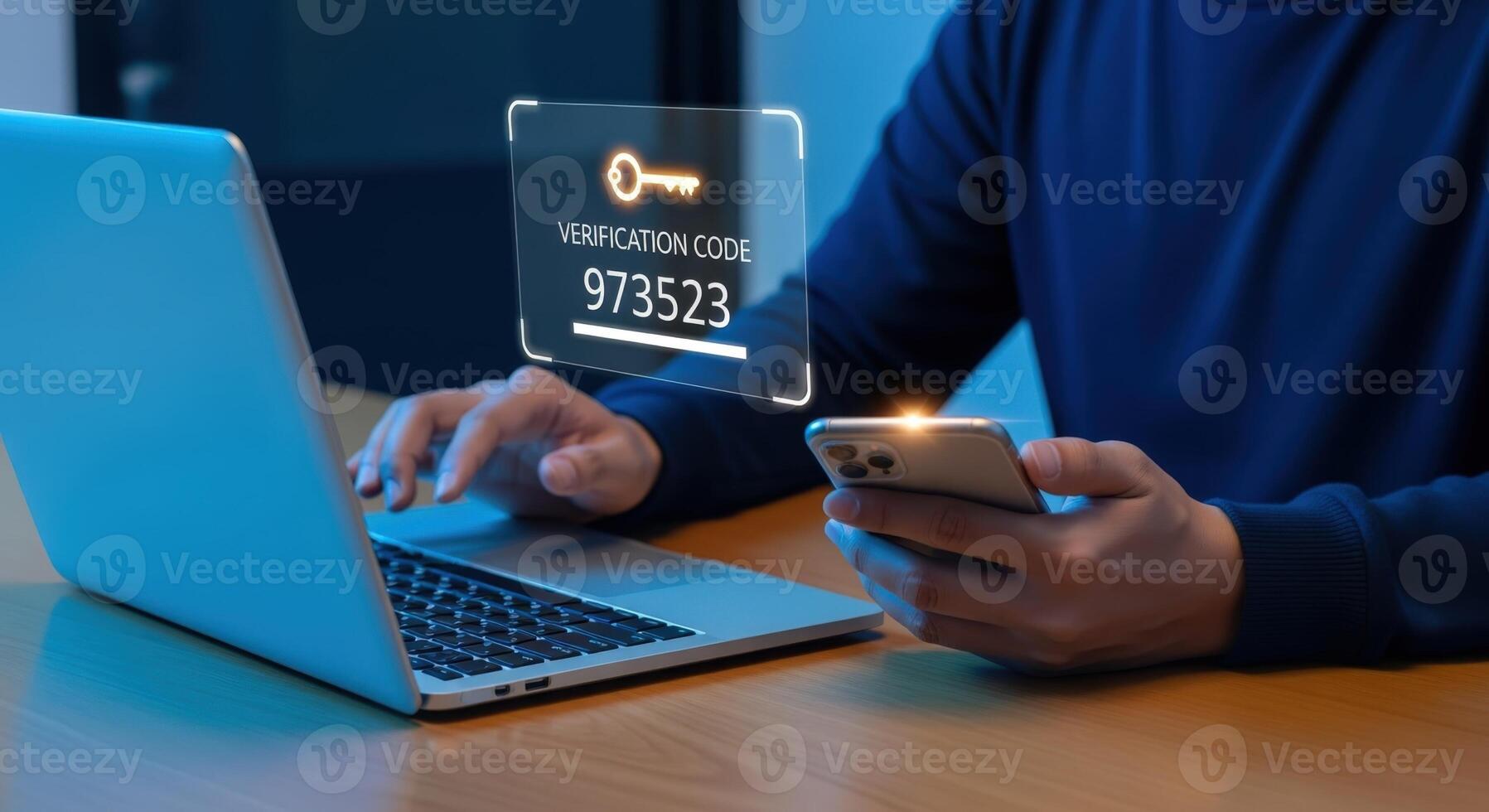 Two-Factor Authentication Man using laptop and smartphone for secure verification code access, technology concept photo