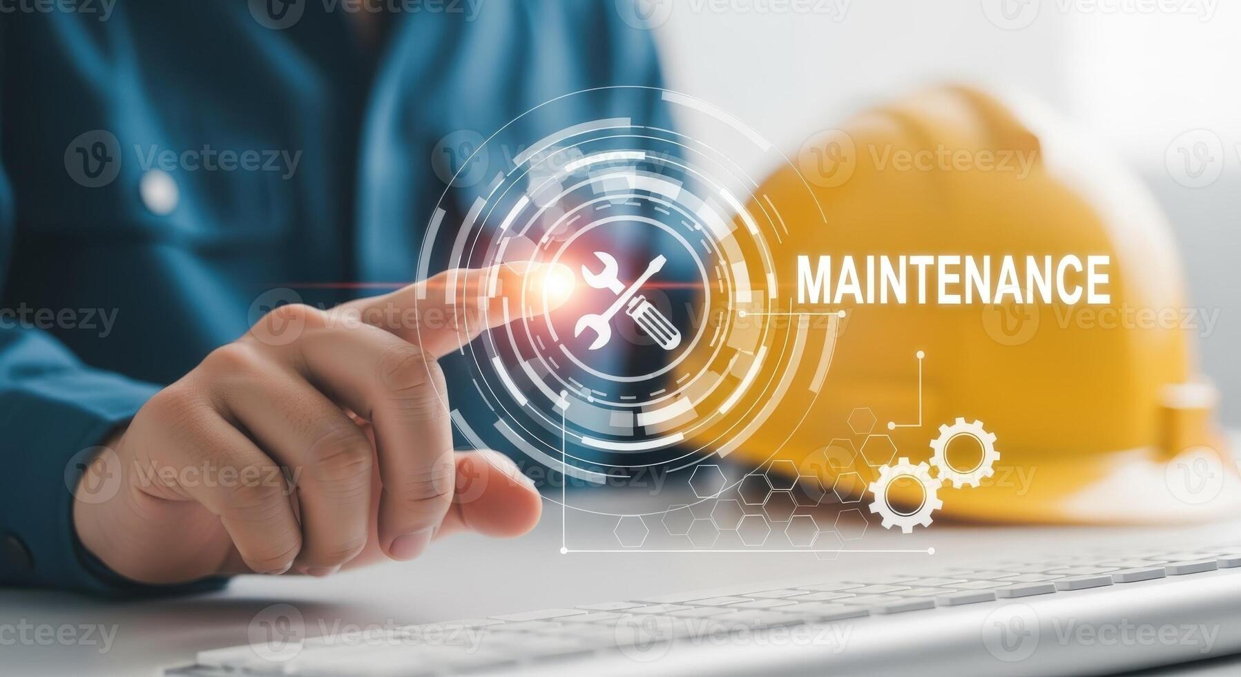 Maintenance Concept with Engineer Touching Virtual Interface, Safety Helmet in Background, Representing Technology and Service photo