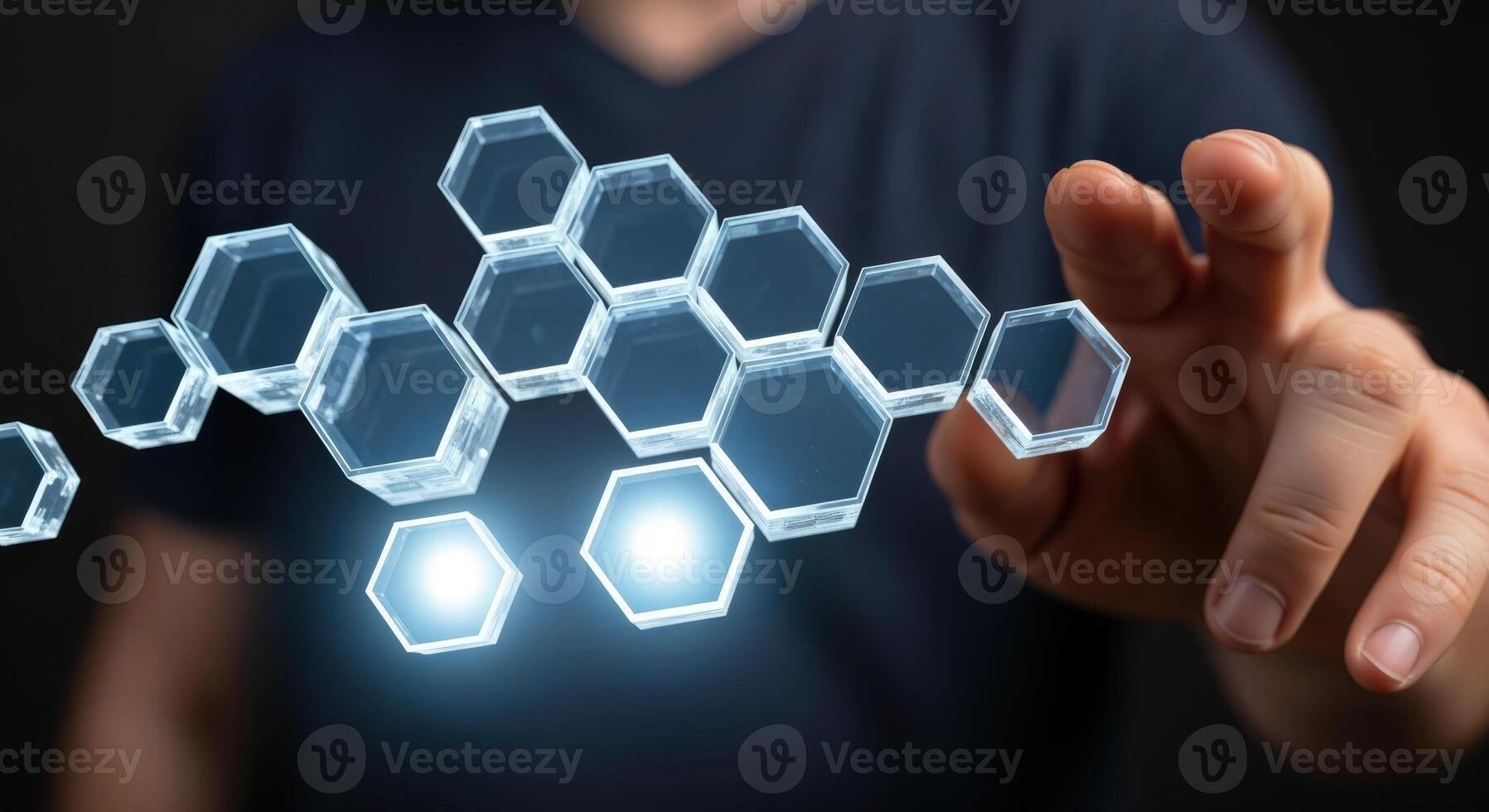 Interactive Technology Interface Man Touching Futuristic Hexagon Structure Displaying Modern Data Visualization and Connectivity photo