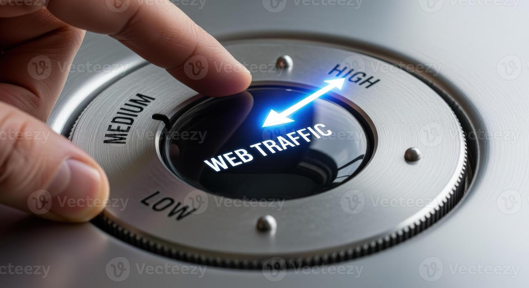 Increasing Web Traffic Concept Finger Turning a Dial to High, Focus on Website Growth photo