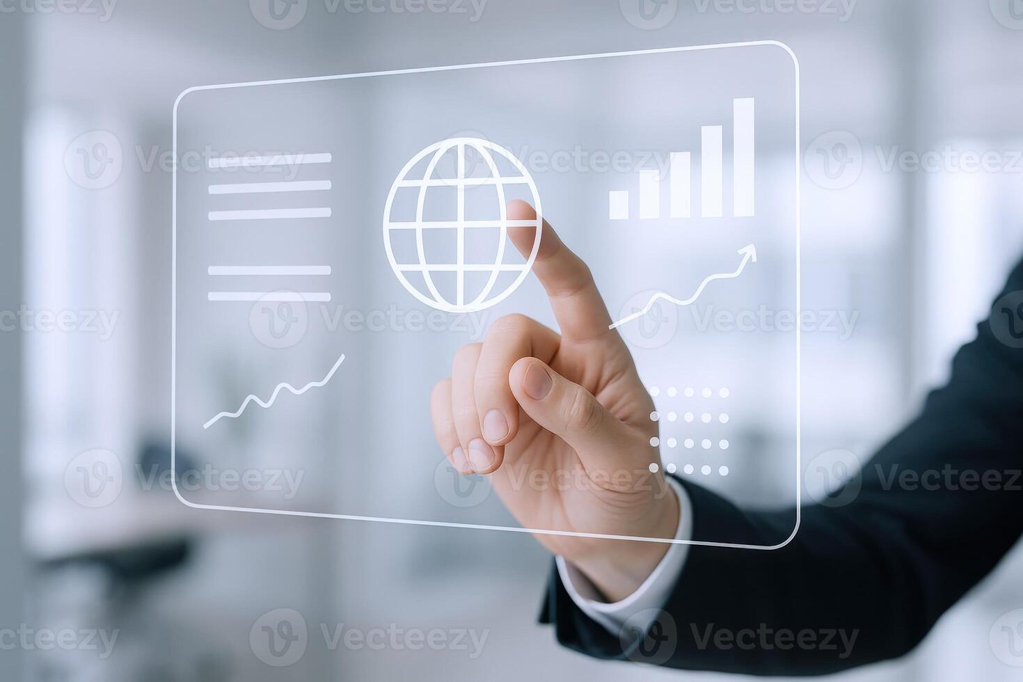 Digital Transformation Businessman Interacting with Virtual Interface Displaying Data Analytics, Global Network, and Financial Growth photo