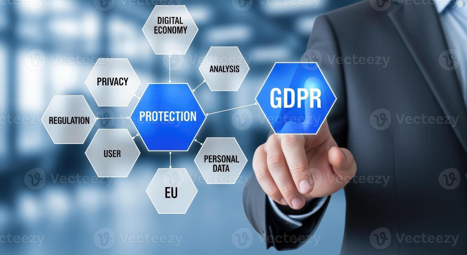 GDPR Compliance Concept Man in Suit Pointing to Data Protection Hexagon on Digital Display photo