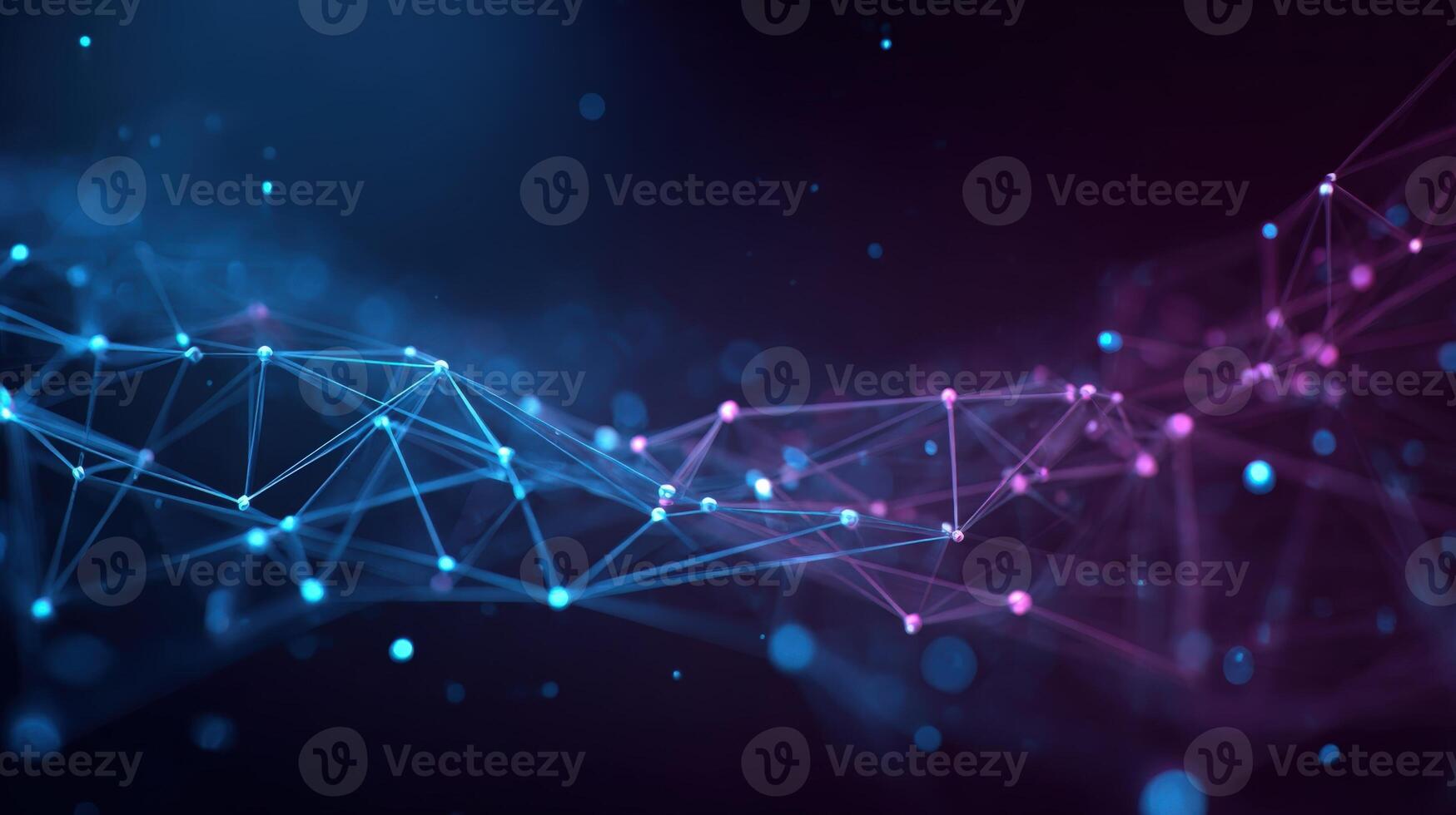 Abstract Network Connection Structure with Blue and Pink Nodes, Lines, and Bokeh Lights on Dark Background photo