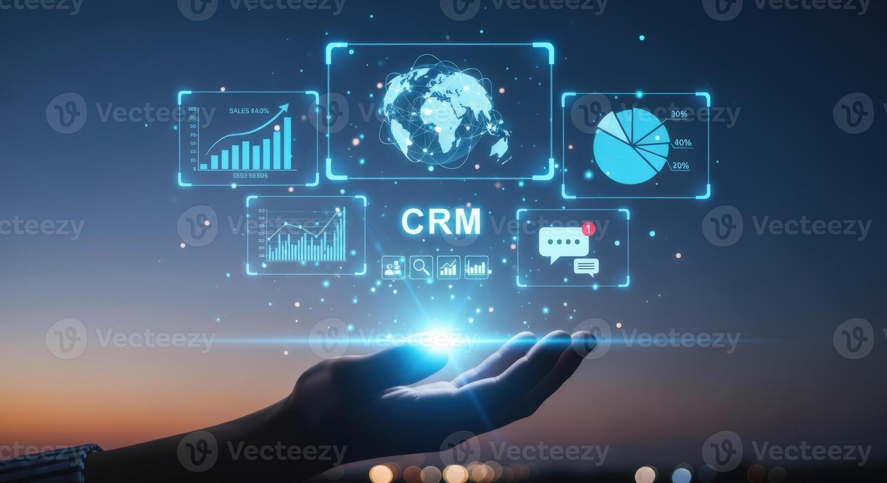 CRM Technology Concept Customer Relationship Management Solution, Digital Marketing Strategy, Data Analytics and Automation Software on Hand photo
