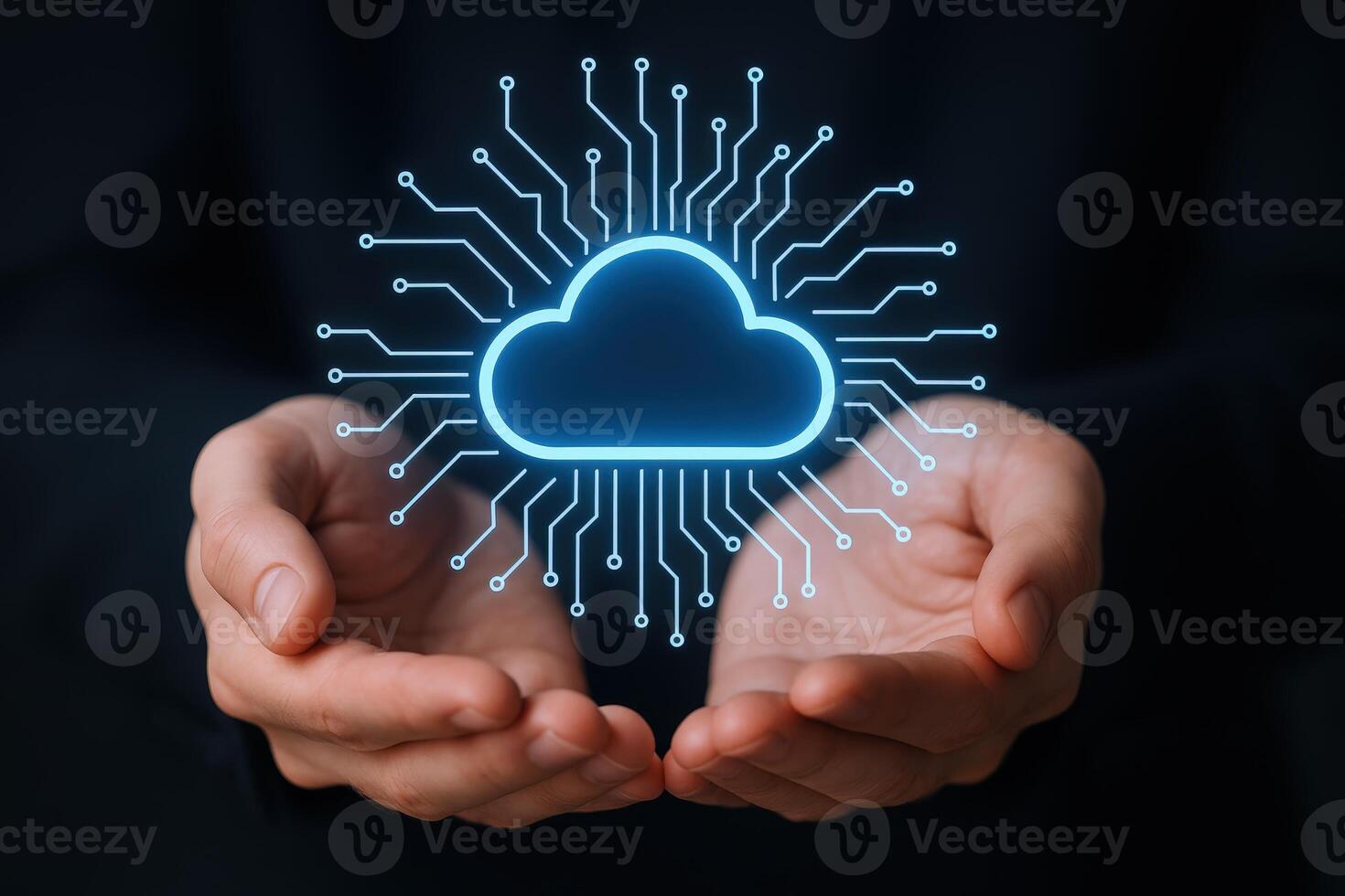 Cloud Computing Concept Hands Holding Digital Cloud with Circuit Board Design for Secure Data Storage photo