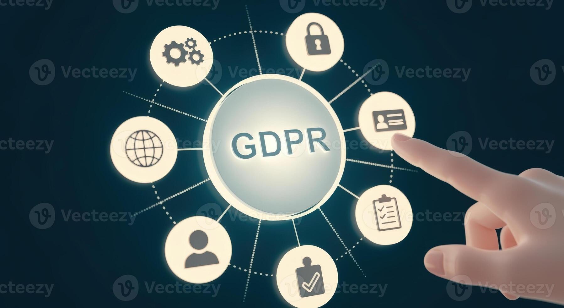 Data Protection Compliance Hand Interacting with GDPR Interface Illustrating Regulations and Privacy Controls on Digital Display photo