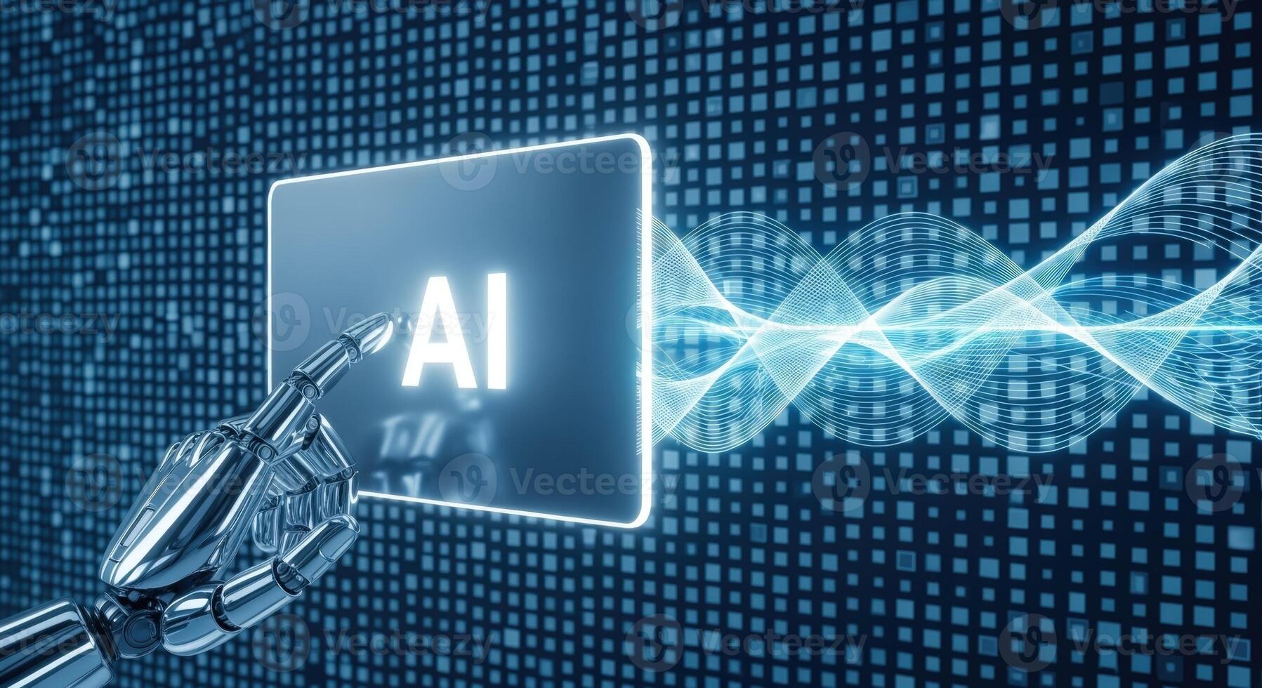 Artificial Intelligence Concept Robotic Hand Interacting with AI Interface on Digital Display, Representing Futuristic Technology photo