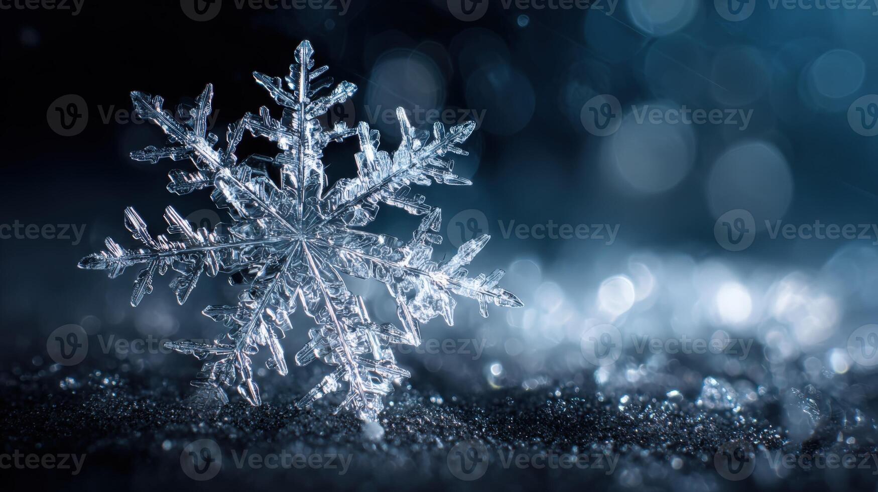 Macro Photograph of an Intricate Snowflake with Detailed Ice Crystals and Blurred Bokeh Background photo