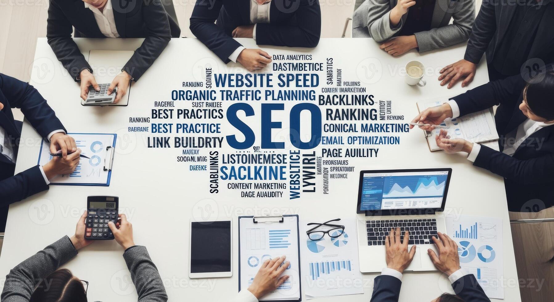 Business Team Brainstorming SEO Strategy for Website Optimization and Enhanced Online Marketing Performance, Top View photo