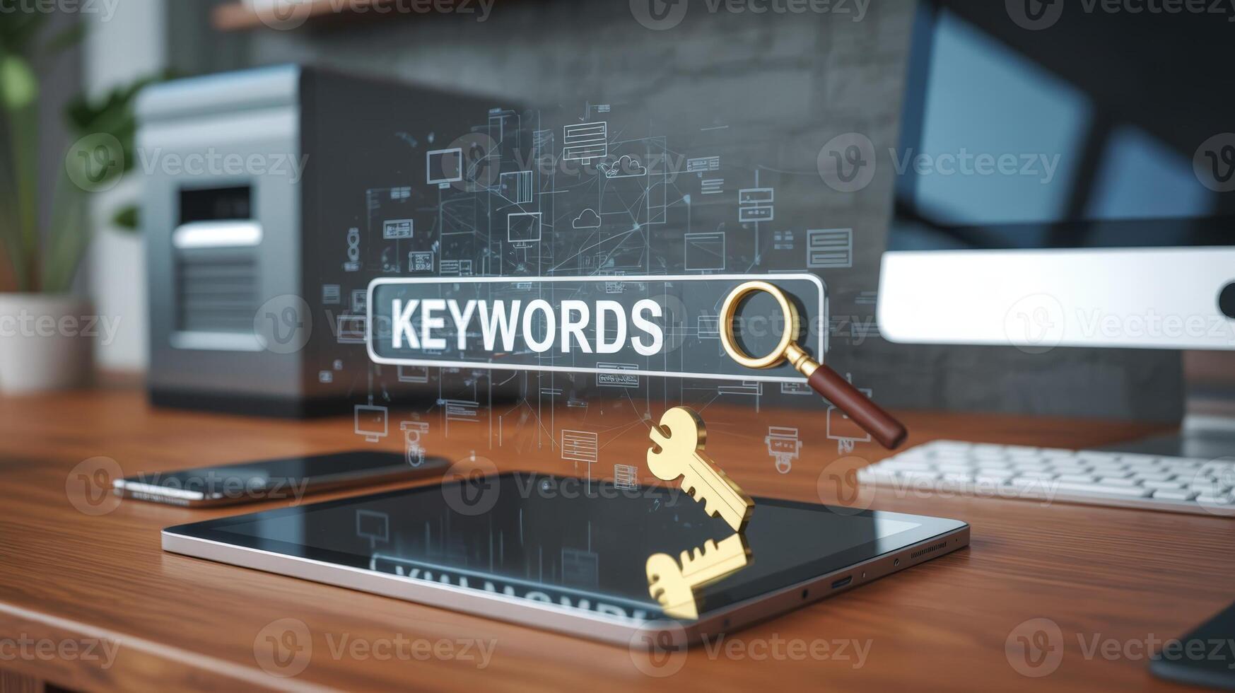 Keywords Search Concept Magnifying Glass, Golden Key, Tablet, Modern Tech, Representing Search Engine Optimization photo