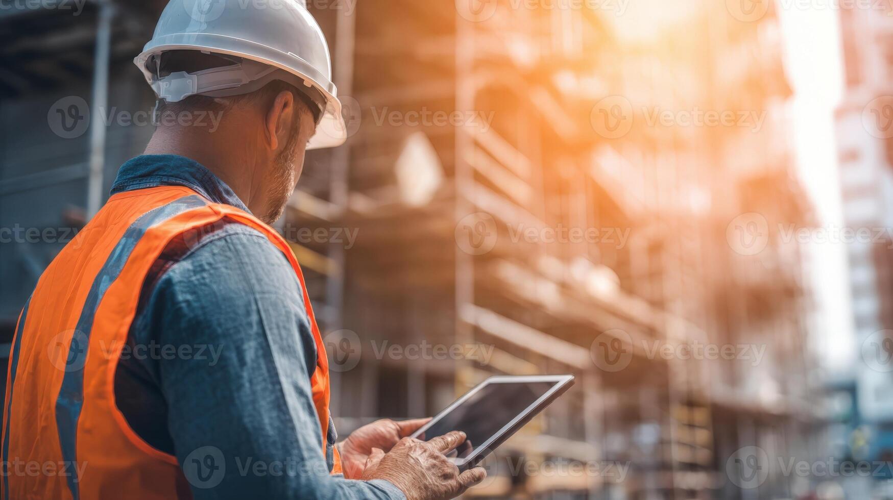Construction Worker Using Tablet Device on Site for Planning and Project Management Overview, Modern Engineering photo