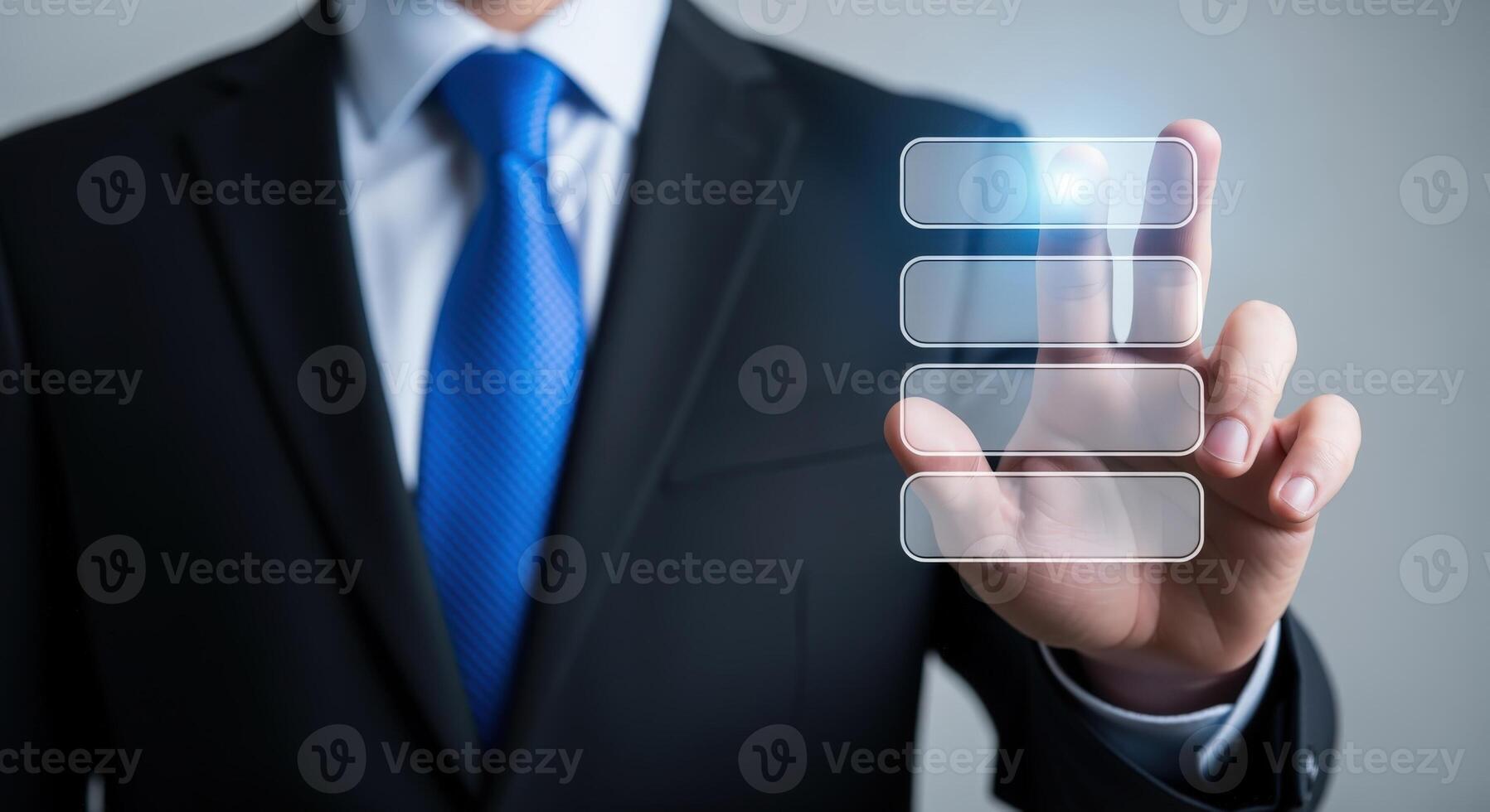 Business Professional Interacting with a Virtual Touchscreen Interface, Highlighting Modern Technology and Interactive Options photo