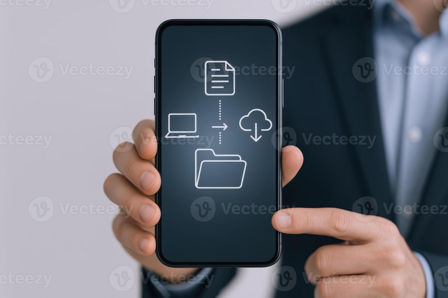 Data Transfer Illustration Displayed on Smartphone Held by Professional, Representing Cloud Technology and File Management photo