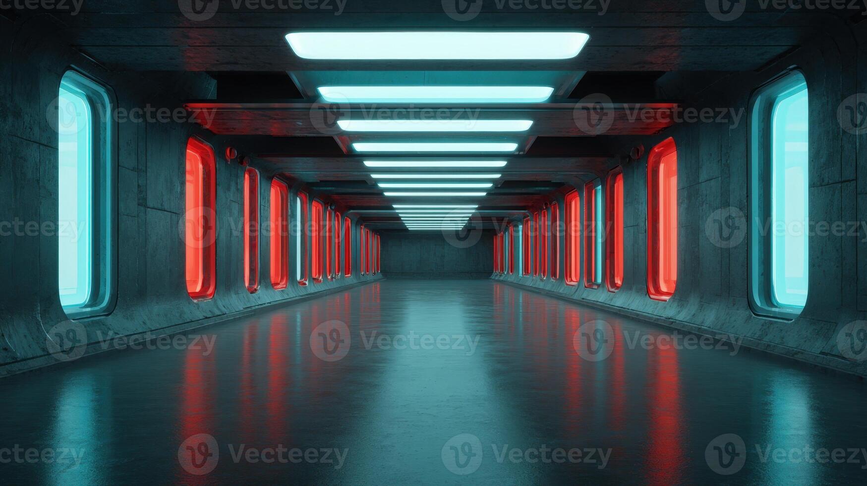 Futuristic Corridor with Neon Lighting and Geometric Design, Ideal for Sci-Fi Backgrounds and Modern Architecture photo
