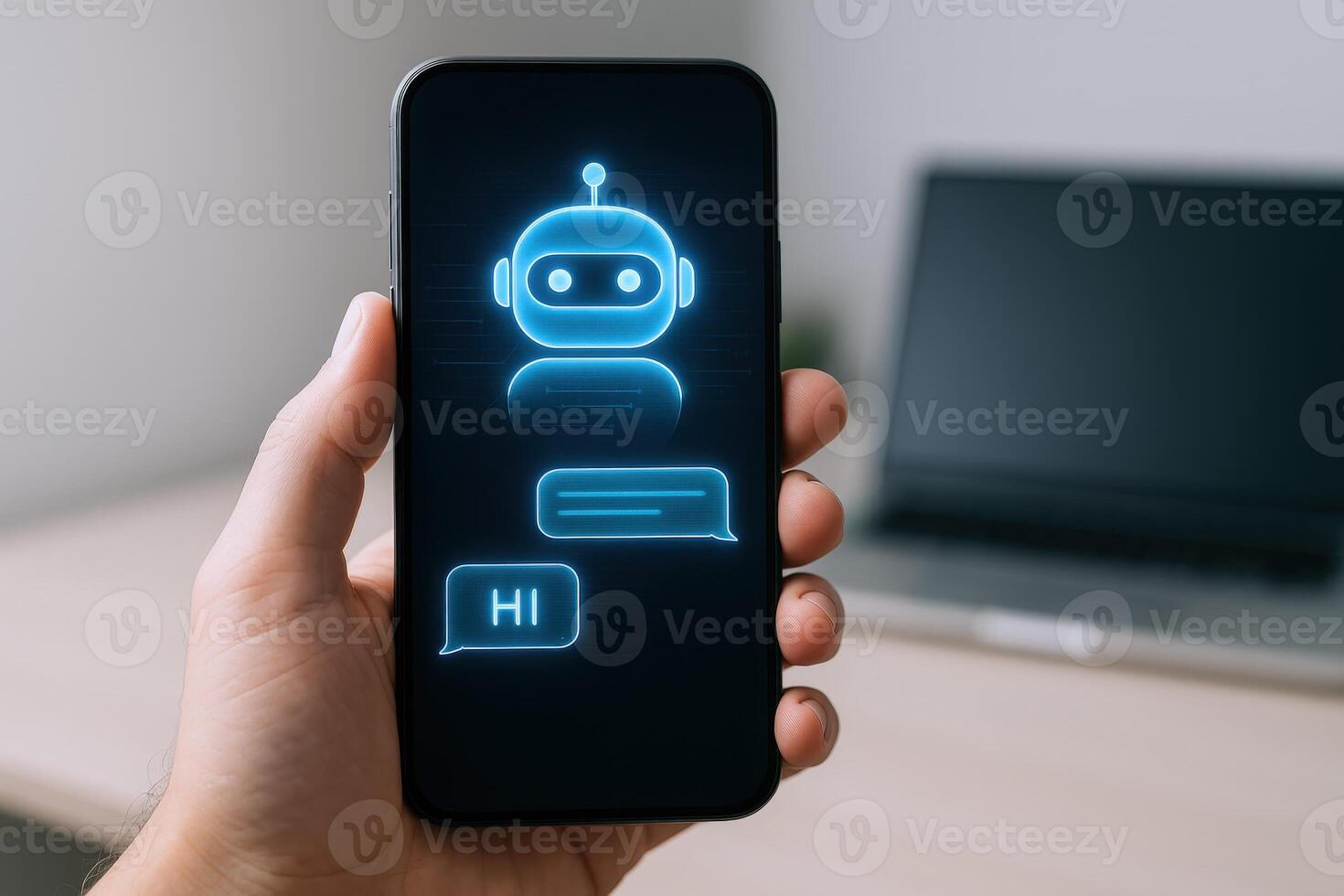 AI Chatbot Interface on Smartphone Screen Displayed in Hand for Digital Assistant Concept photo