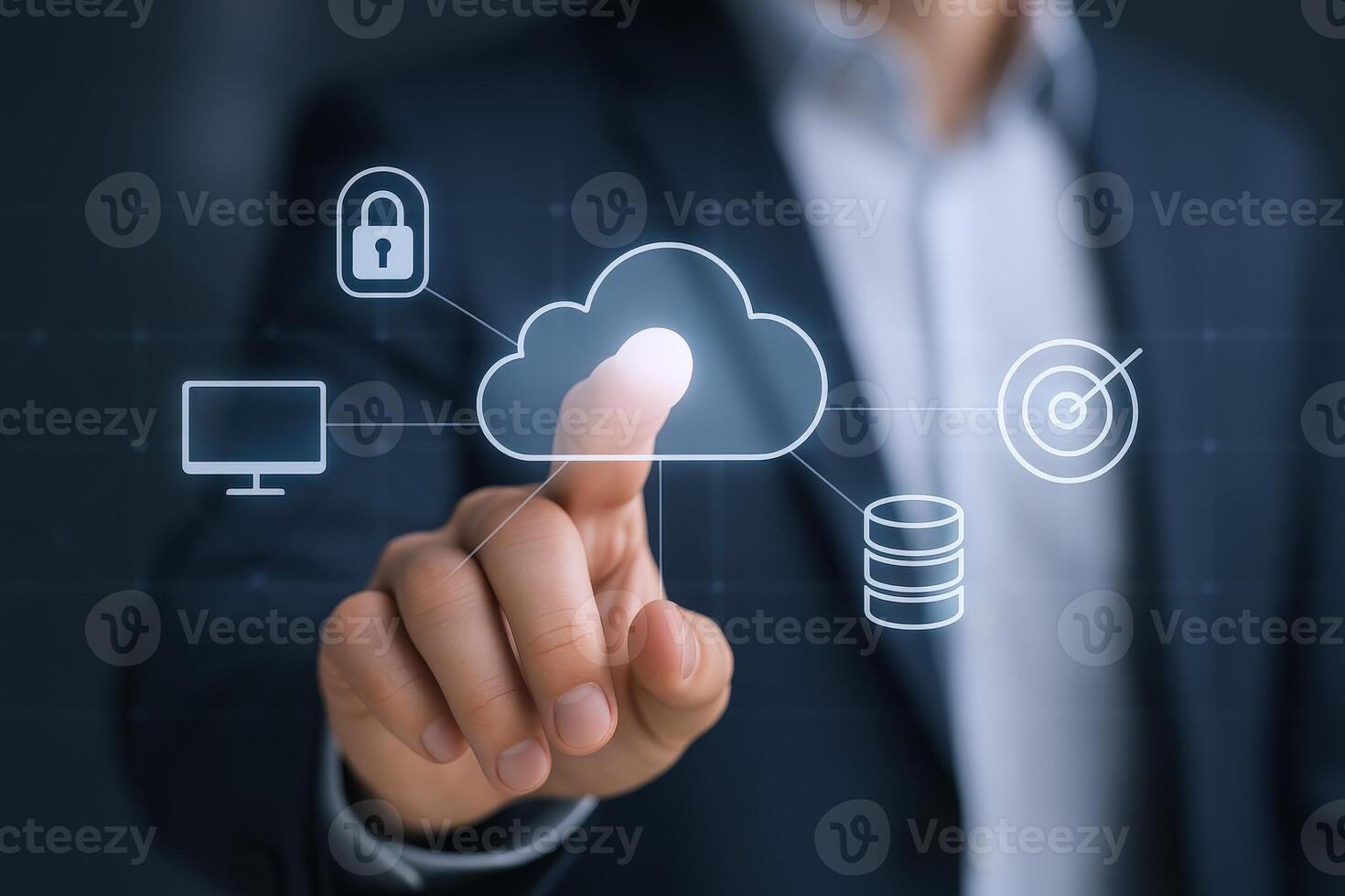 Cloud Computing Interface Businessman Accessing Data Storage and Network Security with Modern Technology Solutions photo