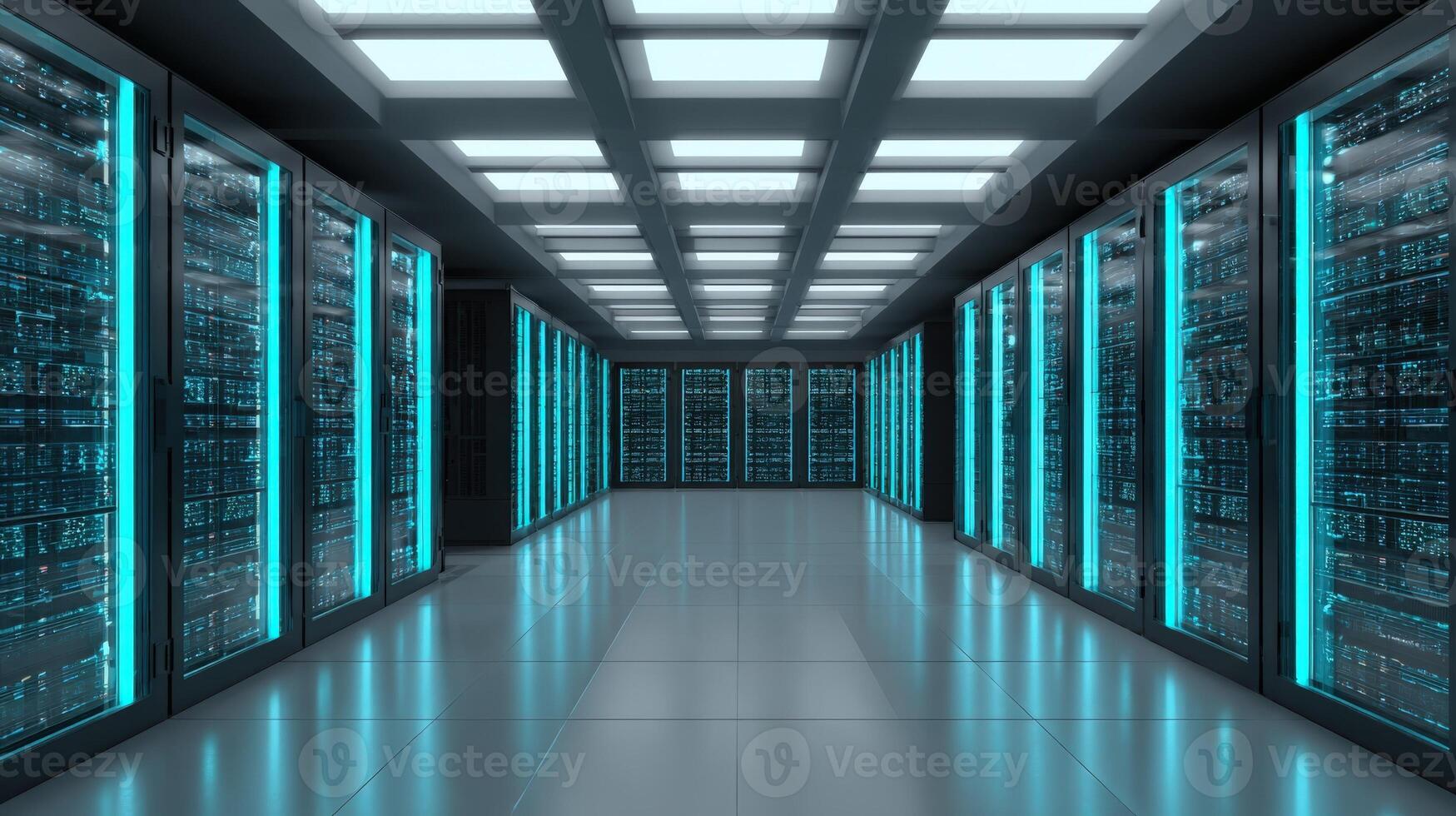 Data Center Interior with Server Racks and Blue Lights, Hosting Provider Environment for Cloud Computing photo