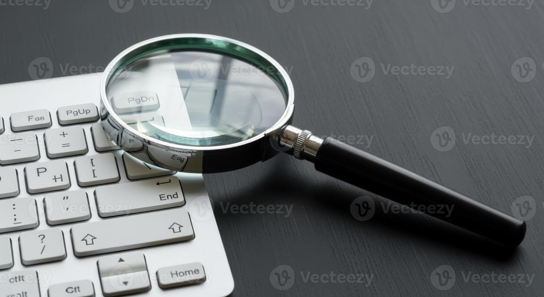 Magnifying Glass Over Keyboard Keys Represents Online Search, Data Analysis, and Cybersecurity photo