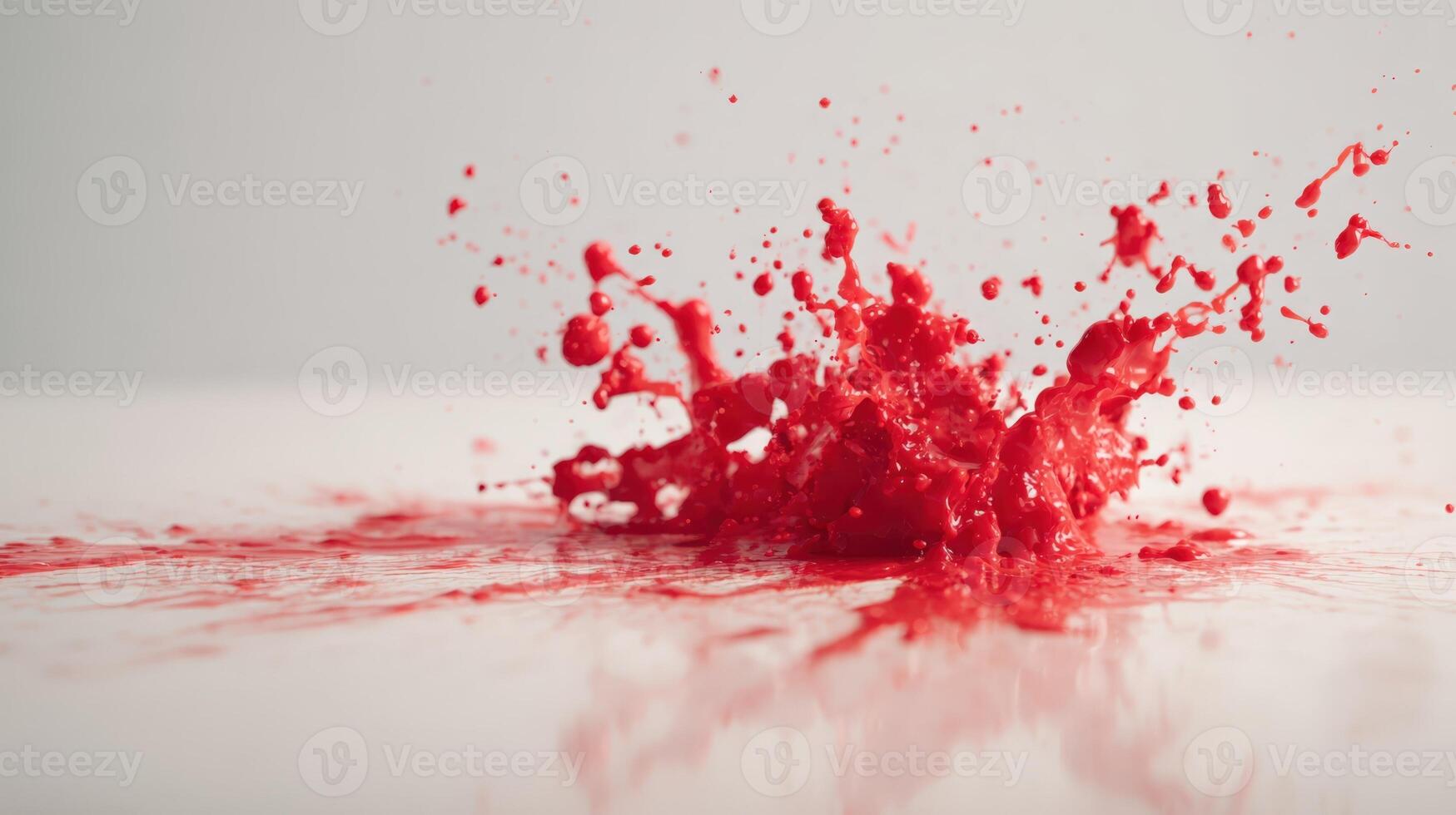 Dynamic Red Paint Splash Creating Abstract Shapes and Reflections on a White Surface photo