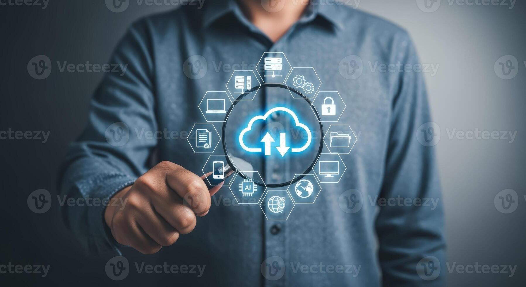 Cloud Computing and Data Management Solutions Businessman Analyzing Digital Information with Magnifying Glass photo