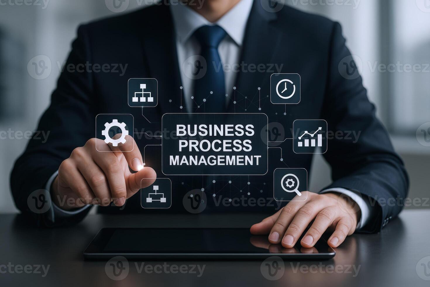 Businessman Activating Business Process Management Interface on Tablet for Optimization and Efficiency in Workflow photo
