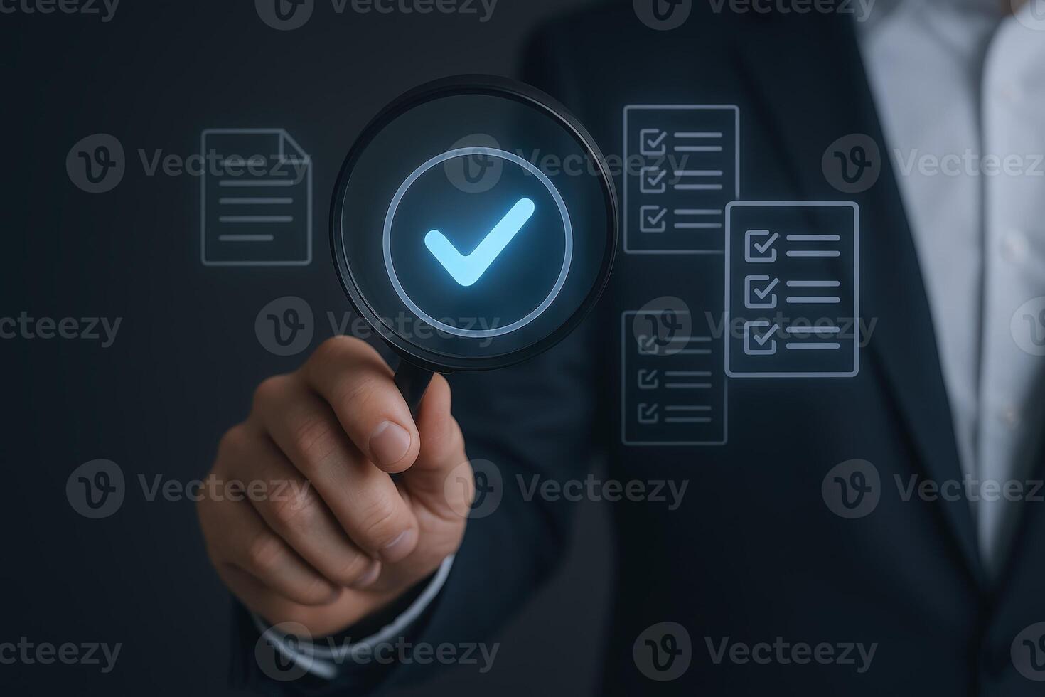 Quality Assurance Concept Magnifying Glass Inspecting Documents with Checkmarks for Approval and Validation Process photo