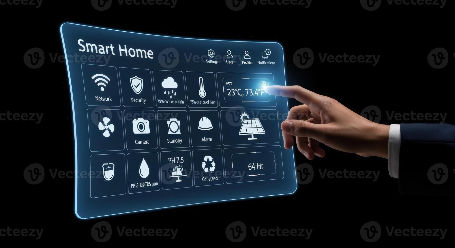 Futuristic Smart Home Control Interface with Hand Interaction Displaying Home Automation System on Black Background photo