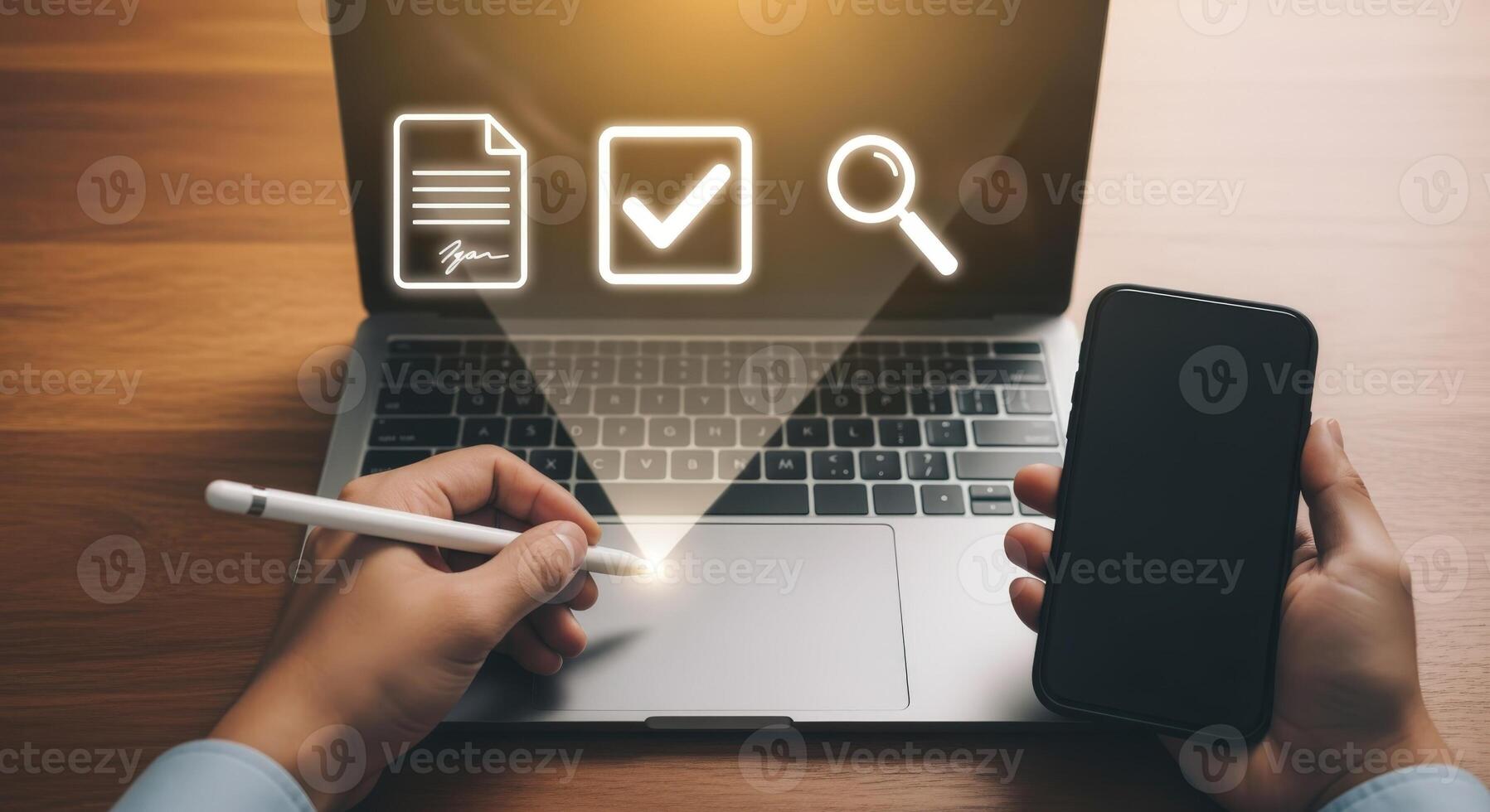Digital Document Management on Laptop with Phone, Workflow Automation, Paperless Office and Online Contract Signing photo
