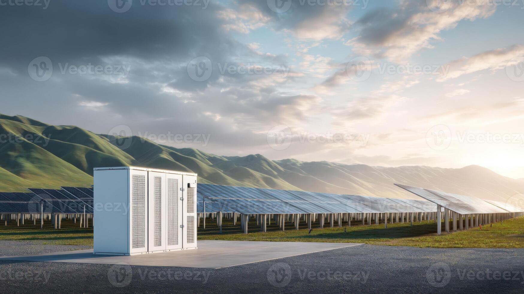 Solar Panel Array with Battery Storage System in a Green Field Under Cloudy Sky photo