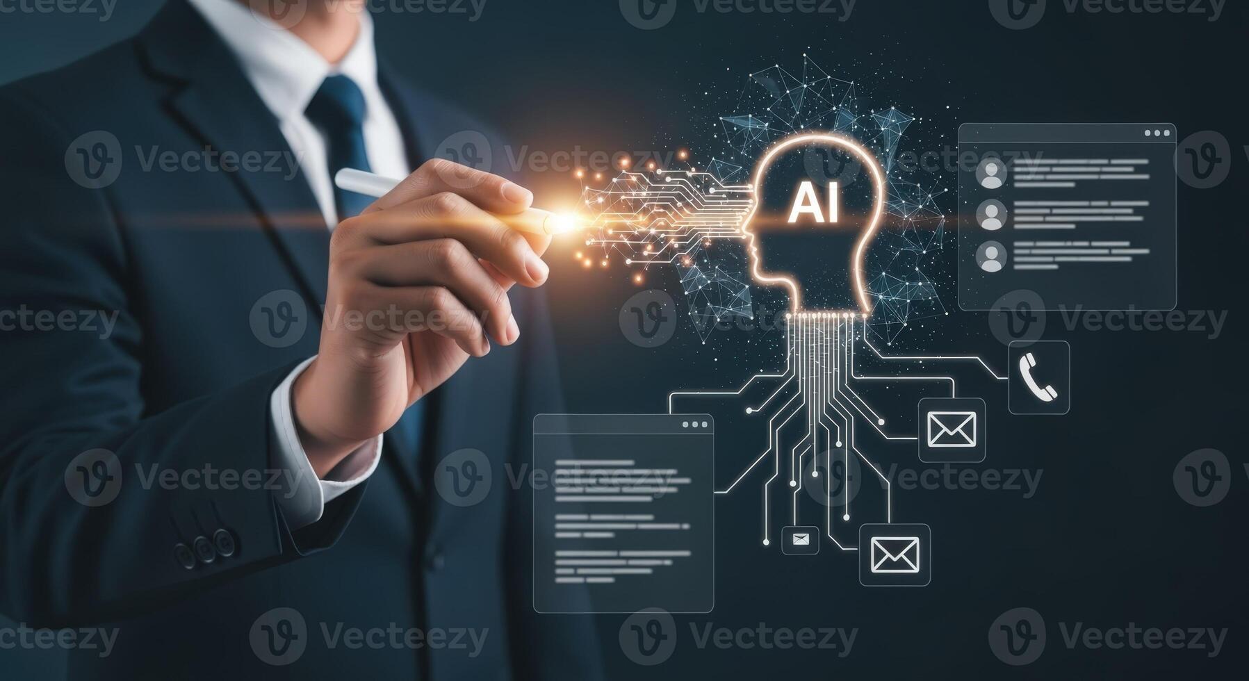 AI-Driven Business Solutions Businessman Interacting with Artificial Intelligence Interface for Data Analysis and Technology Innovation photo