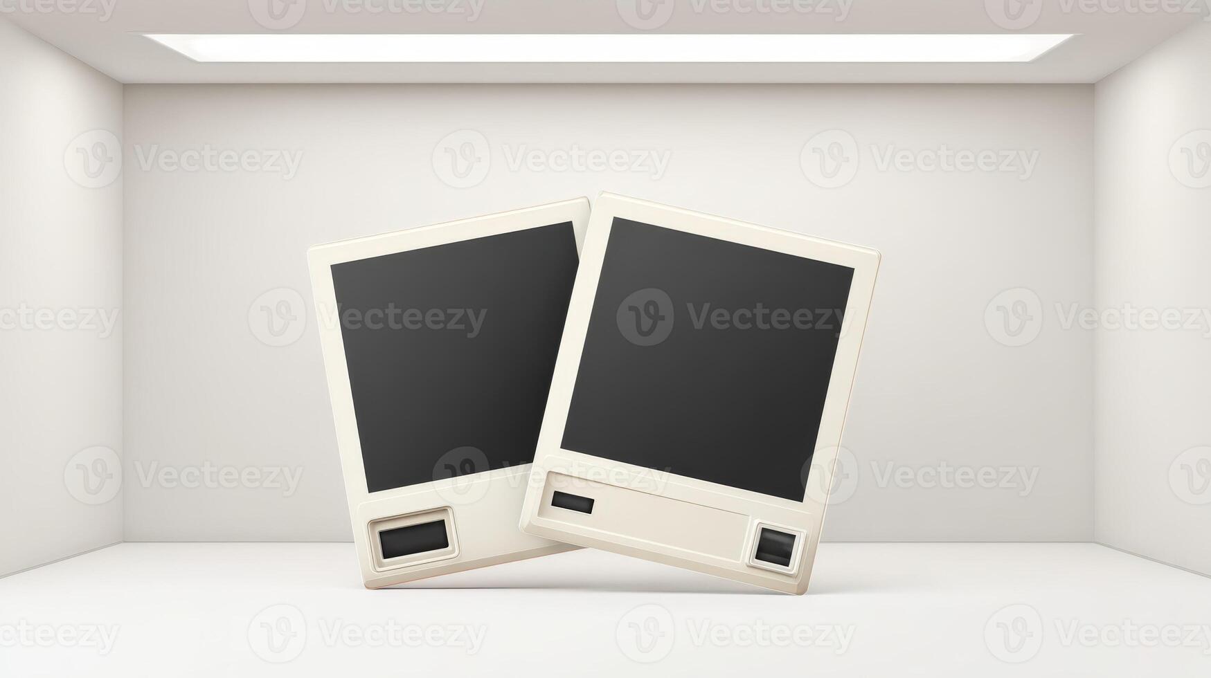 Two Retro-Style Instant Photo Frames in an Empty White Room, Ideal for Mockups and Display